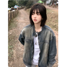 批发美式复古水洗做旧牛仔外套女春<b class='q'>秋</b>新款大码宽松工装夹克上衣ins潮