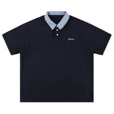 式简约撞色格子拼接短袖t恤男女2025夏季新款POLO领上衣体恤衫