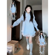 批发蓝色条纹衬衫<b class='q'>连衣裙</b>子女初夏2025年新款小个子花边娃娃领短裙夏季