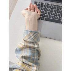 批发美式复古黄蓝色格子长袖<b class='q'>衬衫</b>女春秋夏季宽松休闲中性bm<b class='q'>衬衣</b>外套