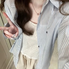 批发蓝白条纹蝴蝶结印花<b class='q'>衬衫</b>女春秋夏季韩版宽松慵懒休闲长袖<b class='q'>衬衣</b>
