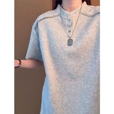 批发太空棉亨特领短袖前卫T恤女夏季新款宽松半袖百搭情侣休闲上衣