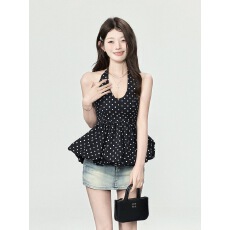 批发森系田园风<b class='q'>甜美</b>波点挂脖吊带背心女夏季度假风低领裙摆收腰上衣