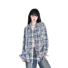 批发涤棉格子布扎染<b class='q'>刺绣</b><b class='q'>衬衫</b>黑衣长袖春秋休闲宽松工装<b class='q'>衬衣</b>女男外套