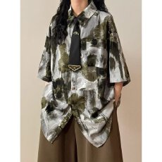 批发夏季美式复古休闲水墨晕染艺术感港风短袖花<b class='q'>衬衫</b>上衣男女潮