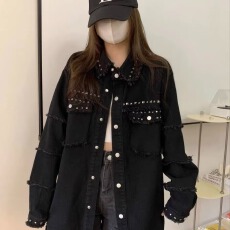批发春秋金属朋克设计感牛仔外套男<b class='q'>女</b>国潮牌高街毛边黑色宽松<b class='q'>夹克</b>情侣