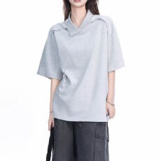 批发新款休闲美式复古设计感不规则领口短袖T恤男女款百搭polo打底衫