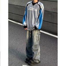 批发磨白水洗美式复古褶皱牛仔裤男女潮牌大口袋宽松工装裤子