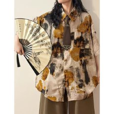 批发夏季美式复古休闲水墨晕染艺术感港风短袖花<b class='q'>衬衫</b>上衣男女潮