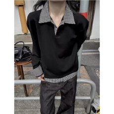 批发老钱风潮牌格子假两件拼接翻领卫衣<b class='q'>男</b>女款复古宽松百搭<b class='q'>POLO</b><b class='q'>衫</b>上衣