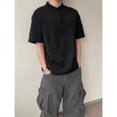 批发美式小众痞帅复古亨利领短袖<b class='q'>polo</b><b class='q'>衫</b><b class='q'>男</b>女夏季T恤ins高级感百搭上衣