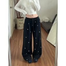 批发美式高街十字印花卫裤<b class='q'>男</b>女春季宽松直筒阔腿裤子高级感显瘦微喇裤