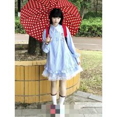 批发蓝色条纹<b class='q'>衬衫</b>连衣裙子女初夏2025年新款小个子花边<b class='q'>娃娃领</b>短裙夏季