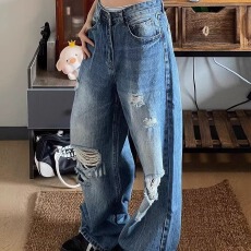 批发破洞直筒<b class='q'>牛仔</b>裤女薄款高腰大码宽松显瘦<b class='q'>哈伦裤</b>乞丐阔腿裤