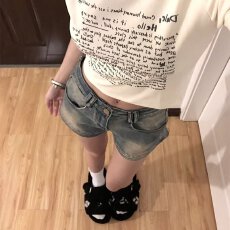 批发大码胖妹妹美式牛仔短裤女夏季设计感小众<b class='q'>高腰</b>显瘦复古A字<b class='q'>热裤</b>子
