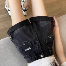 批发牛仔短裤女夏季新款ch风黑色水洗工装口袋<b class='q'>高腰</b>韩版宽松辣妹<b class='q'>热裤</b>