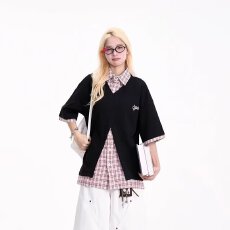 批发2026夏季学院风假两件拼接格子<b class='q'>男</b>女休闲时尚百搭情侣短袖<b class='q'>polo</b><b class='q'>衫</b>