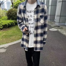 批发原版纯棉格子布衬衫黑衣长袖春<b class='q'>秋</b>宽松翻领衬衣女男潮流休闲外套