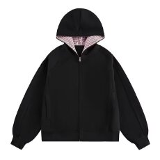 批发开衫揭潮坊<b class='q'>卫衣</b>女春秋款美式重磅格子拼接连帽休闲上衣服夹克<b class='q'>外套</b>