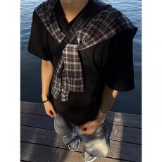 批发夏季新款小众设计格子披肩假两件T恤男女潮牌宽松休闲<b class='q'>打底衫</b>短袖