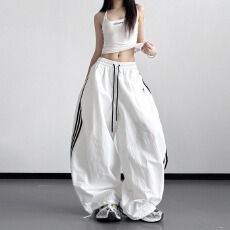 批发春季新款<b class='q'>街头</b>休闲风阔腿裤女宽松侧边条纹松紧腰长裤