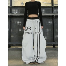 批发美式<b class='q'>街头</b>星星双腰头弯刀休闲裤女宽松阔腿运动长裤