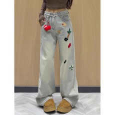 批发<b class='q'>韩版</b>美式春夏新款牛仔<b class='q'>裤</b>女设计感小众刺绣宽松高腰直筒阔腿拖地<b class='q'>裤</b>