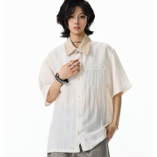 批发老钱风领口<b class='q'>衬衣</b>短袖男女2026新款开衫T袖外套松弛感休闲半袖上衣