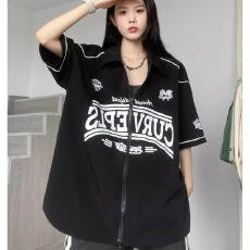 批发美式复古印花棒球衫男女夏季大码宽松百搭短袖<b class='q'>衬衫</b>薄外套潮