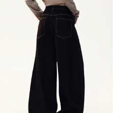 涂鸦反穿口袋设计微弯刀黑色原牛牛仔裤男女宽松阔腿裤子