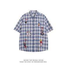 批发刺绣格子卡通美式OOTD<b class='q'>短</b>袖衬衫男女夏季宽松百搭情侣衬衣外套