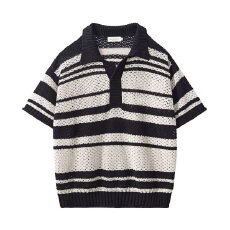 批发高街美式t恤复古风镂空针织衫男<b class='q'>女</b>Polo衫短袖条纹翻领宽松上衣潮