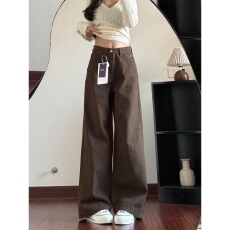 批发150小个子美式咖色复古<b class='q'>高腰</b>垂感牛仔裤女直筒宽松显瘦阔腿长裤潮