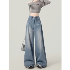 批发浅蓝色<b class='q'>高腰</b>阔腿牛仔裤女2026春秋慵懒宽松小个子垂感直筒裤子