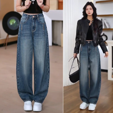 批发美式弯刀牛仔裤女2026春秋新款<b class='q'>高腰</b>宽松遮腿窄版阔腿香蕉长裤