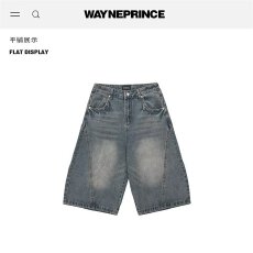 批发美式复古水洗闪电纹弯刀牛仔短裤男<b class='q'>女</b>夏季宽松阔腿<b class='q'>七分裤</b>潮牌情侣