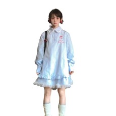 批发蓝色条纹衬衫<b class='q'>连衣裙</b>子女初夏2025年新款小个子花边娃娃领短裙夏季