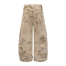 批发<b class='q'>男</b>女新款美式高街重工褶皱破坏杏色废土弯刀牛仔裤直筒长<b class='q'>裤子</b>