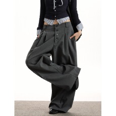 批发欧美式双褶设计感暗扣小西裤男女宽松直筒长裤休闲百搭<b class='q'>西服</b>西装裤