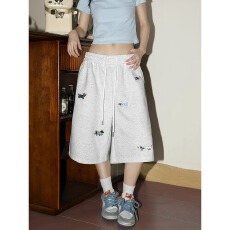 批发嘻哈正派国潮趣味腊肠狗刺绣运动五分裤女男复古情侣宽松休闲<b class='q'>短裤</b>