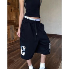 批发美式国潮做旧字母印花阔腿七分裤男女宽松休闲运动风松紧腰<b class='q'>短裤</b>