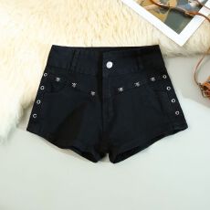批发黑色铆钉设计<b class='q'>牛仔</b>超<b class='q'>短裤</b>女夏季新款<b class='q'>高腰</b>修身显瘦弹力a字包臀热裤