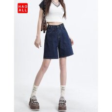 批发高质<b class='q'>松紧</b>腰夏季希野女装韩版宽松五分中裤阔腿直筒高腰牛仔短裤