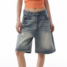 批发夏季十八先生美式复古做旧水洗<b class='q'>牛仔裤</b>女男宽松cleanfit阔腿短裤夏