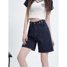 批发高质<b class='q'>松紧</b>腰夏季希野女装韩版宽松五分中裤阔腿直筒高腰牛仔短裤