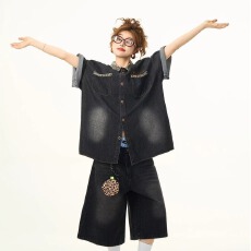 批发复古水洗<b class='q'>牛仔</b>衬衫短袖男女美式宽松设计感豹纹拼接衬衣外穿五分袖