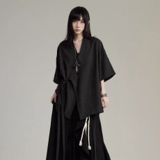 批发夏季新款<b class='q'>原创</b><b class='q'>设计</b>感上衣女新中式道袍绑带短袖衬衫外套中性