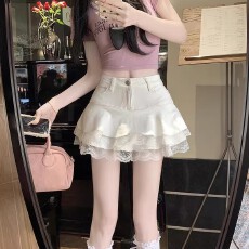 批发荷叶边牛仔短裙女夏防走光蛋糕裙蕾丝半身裙A字裙大码裙裤蓬蓬裙