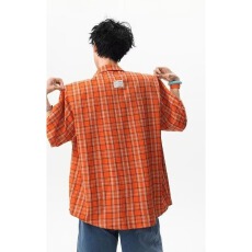 批发夏日多巴胺橙色格纹短袖衬衫女潮牌复古<b class='q'>街头</b>宽松百搭衬衣