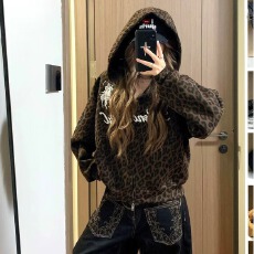 批发2026春<b class='q'>秋</b>甜酷感时尚豹纹短款夹克女可爱猫耳朵毛领连帽百搭外套